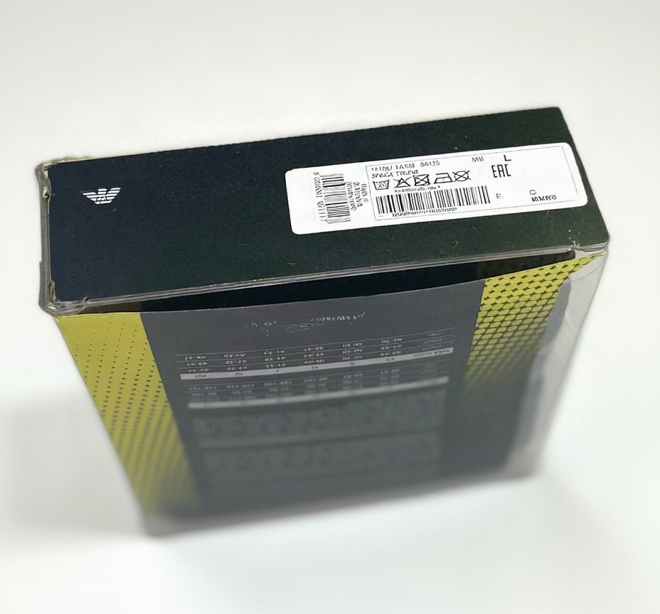 Emporio Armani Silver Fit underwear retail box showing the product label and size chart.
