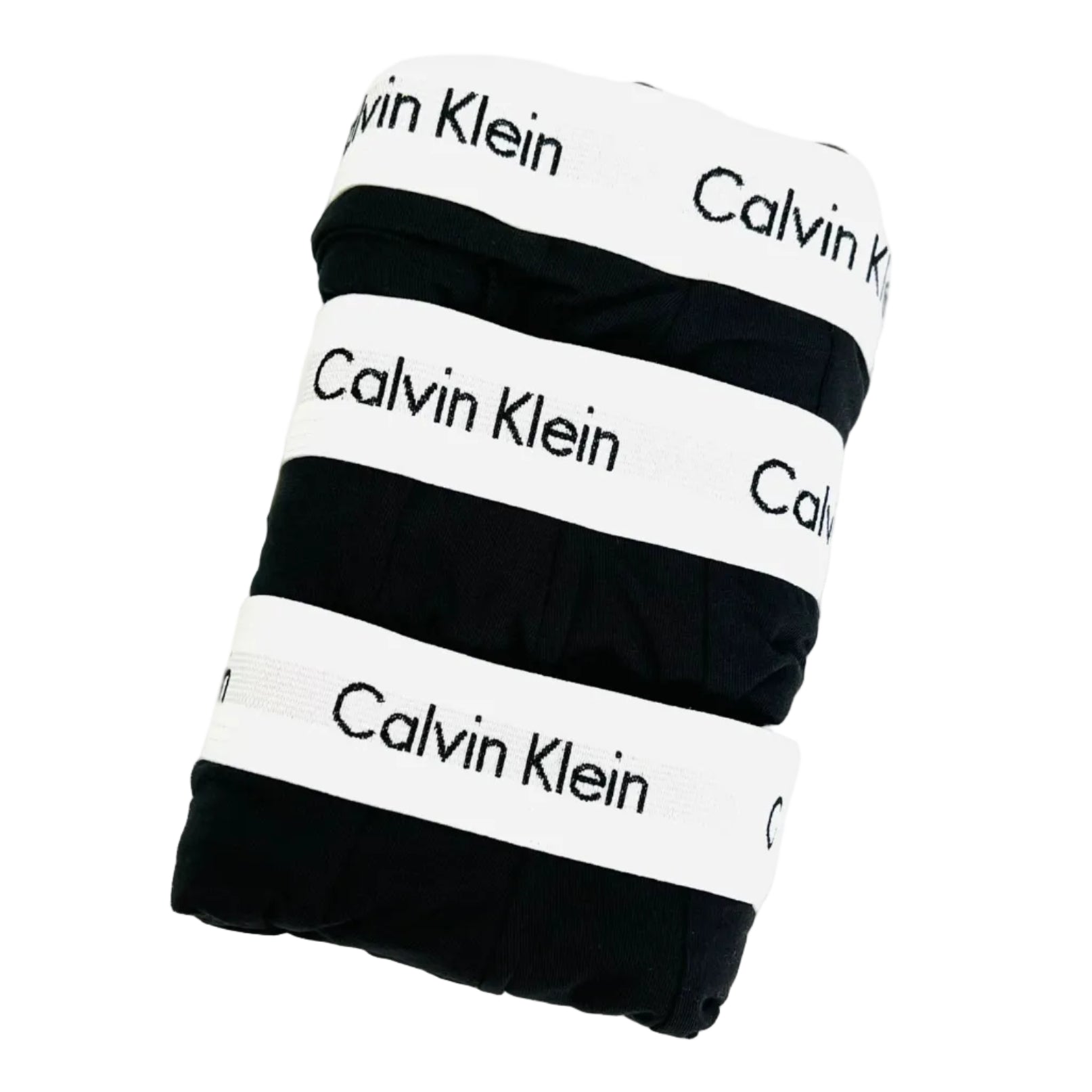 Three folded pairs of black Calvin Klein underwear stacked vertically, each with a white elastic waistband featuring the black 'Calvin Klein' logo.