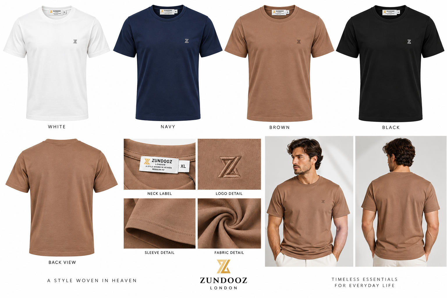 A collage showing multiple color options of the ZUNDOOZ short-sleeve crew-neck t-shirt, including white, navy, brown, and black. The collage includes front and back views, close-up details of the labels and fabric, and a male model wearing the brown version.