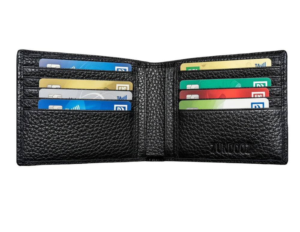 Black leather wallet with cards on a white background