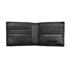 A black pebbled leather bifold wallet shown open against a plain white background.
