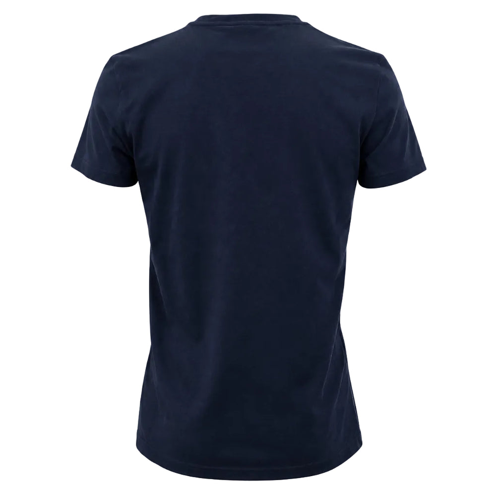 A dark navy blue short-sleeve crewneck t-shirt shown from the back, displayed on a clean white background.