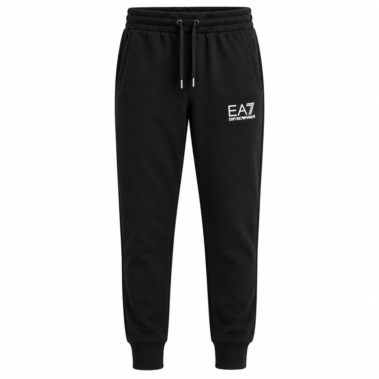 Black sweatpants with an elastic waistband, drawstring, side pockets, and a white printed 'EA7 ENAPPAREILL' logo on the left thigh, shown against a plain white background.