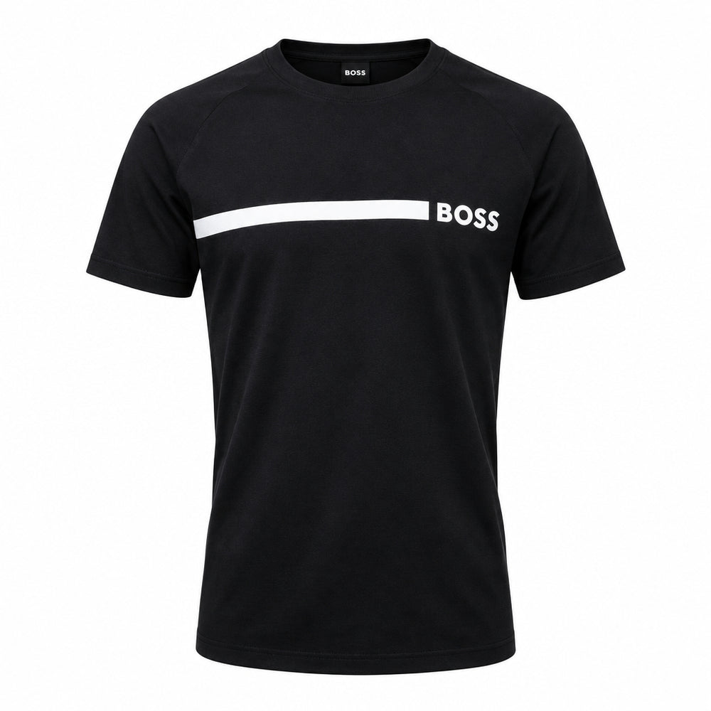A Boss men's beachwear crew neck t-shirt in black with a white band and the 'BOSS' logo on the chest.