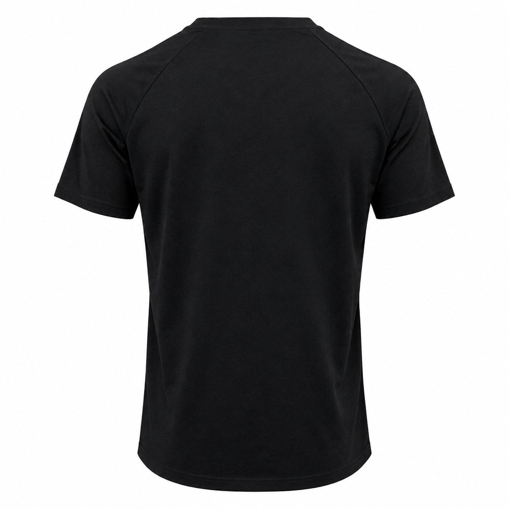 A black short-sleeve athletic t-shirt shown from the back, featuring raglan sleeves and a curved hem, displayed on a clean white background.
