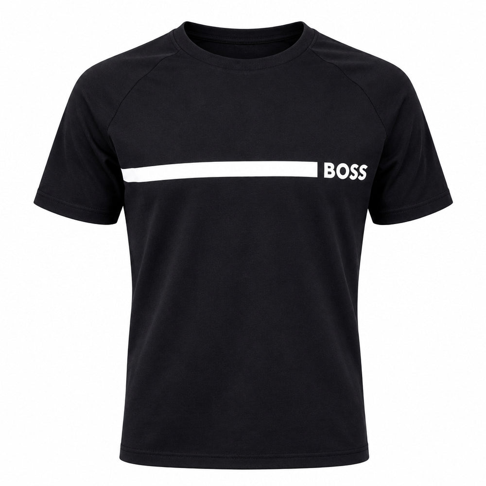 A black short-sleeve athletic t-shirt with a horizontal white stripe across the chest and the word 'BOSS' printed in white on the right side of the stripe, shown on a plain white background.