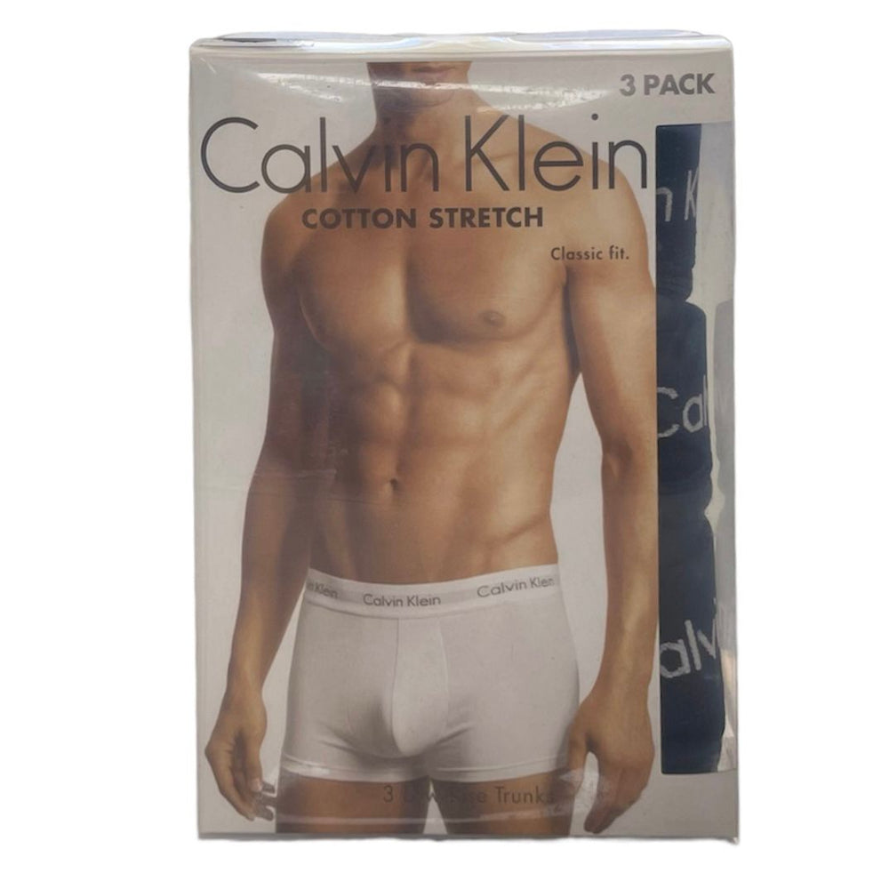 Calvin Klein 3-pack of cotton stretch boxer briefs in a white cardboard box with a model photo on the front.