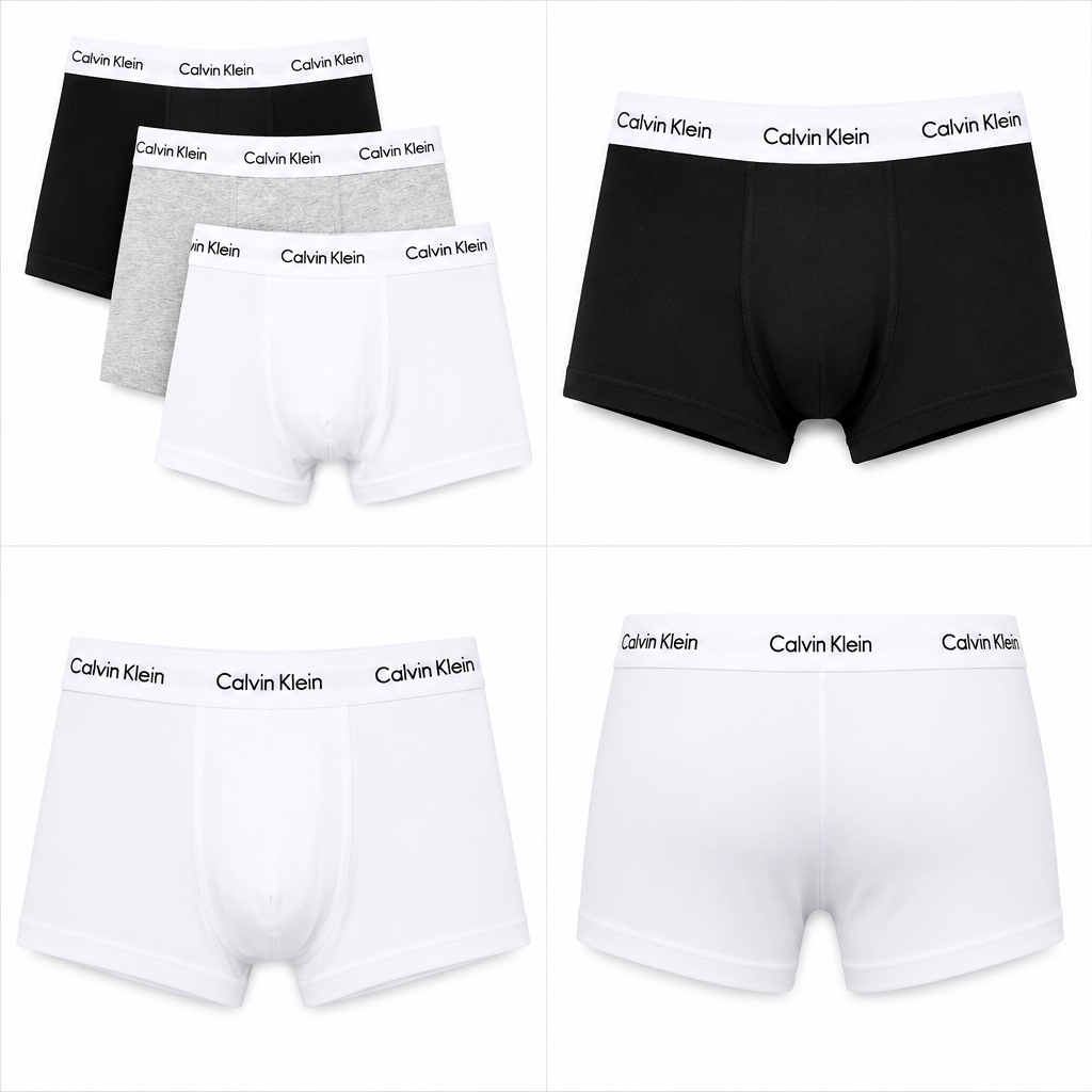 Six pairs of Calvin Klein men's boxer briefs arranged in a 3x2 grid, showing black, white, and heather gray options with the brand name printed on the waistband.