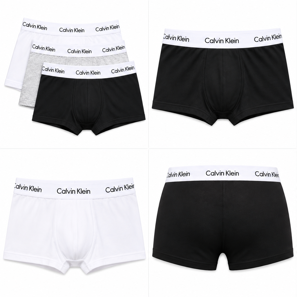 Six-pack of Calvin Klein men's boxer briefs in black, white, and heather gray, arranged in a grid with close-up details of the branded waistbands.