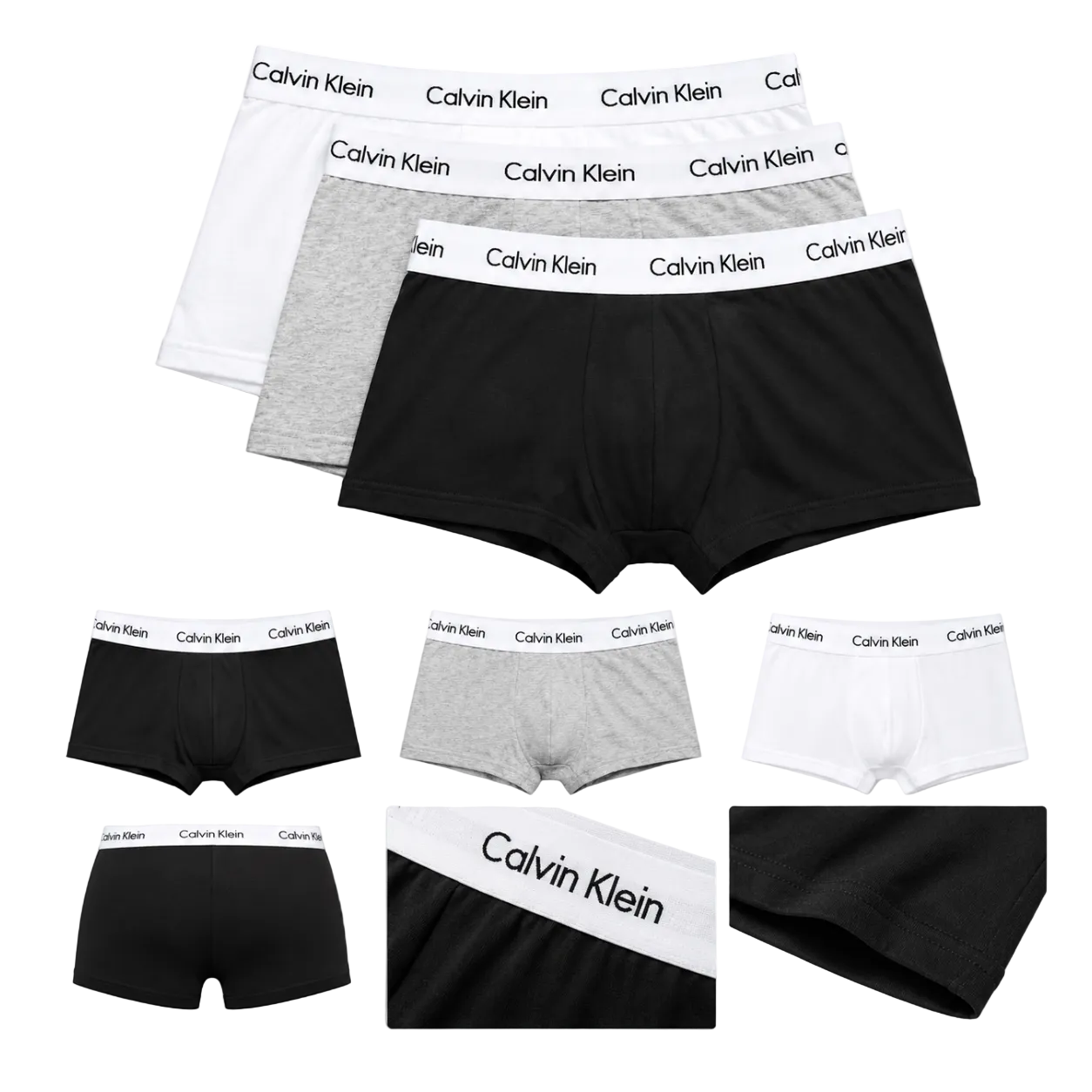 Four pairs of Calvin Klein men's boxer briefs in white, black, and light gray, arranged in a collage with close-up detail views showing the brand name on the elastic waistband.
