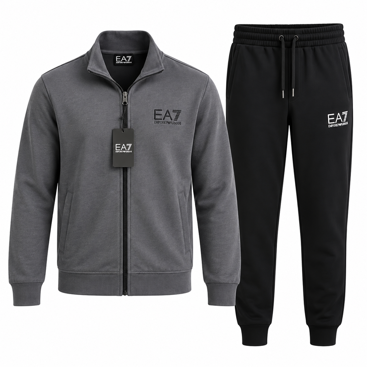 A two-piece men's loungewear set by EA7, featuring a heather gray zip-up jacket with a black zipper and a black hangtag, paired with black sweatpants with a white EA7 logo on the left thigh.