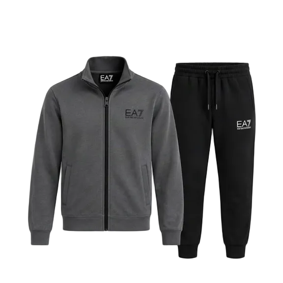 A collage showing a gray and black Emporio Armani / EA7 athletic tracksuit set, including a zip-up jacket, sweatpants, and close-up detail panels of the collar, logo, and fabric.