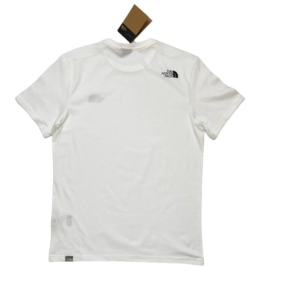 A white short-sleeve t-shirt by The North Face, shown flat against a white background with its hangtag still attached at the collar.