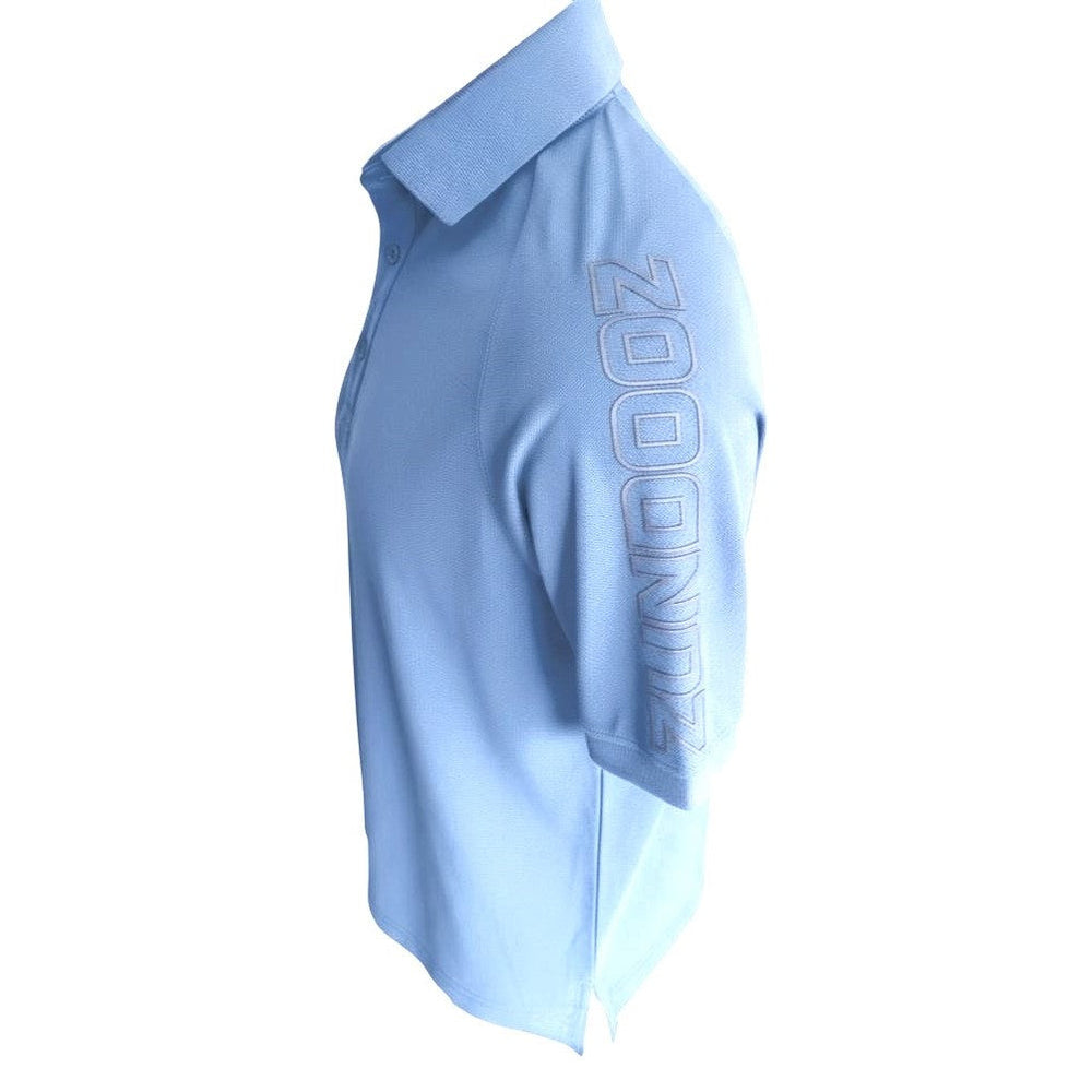 A light blue short-sleeve polo shirt shown from the side profile, featuring a large, tonal vertical 'ZOOONZ' logo printed on the upper sleeve, set against a plain white background.