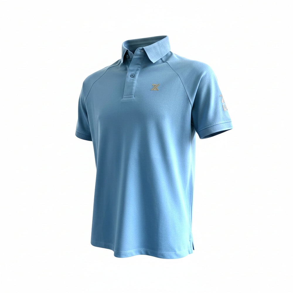 A light blue short-sleeve polo shirt with a small gold embroidered logo on the left chest, displayed on a clean white background.