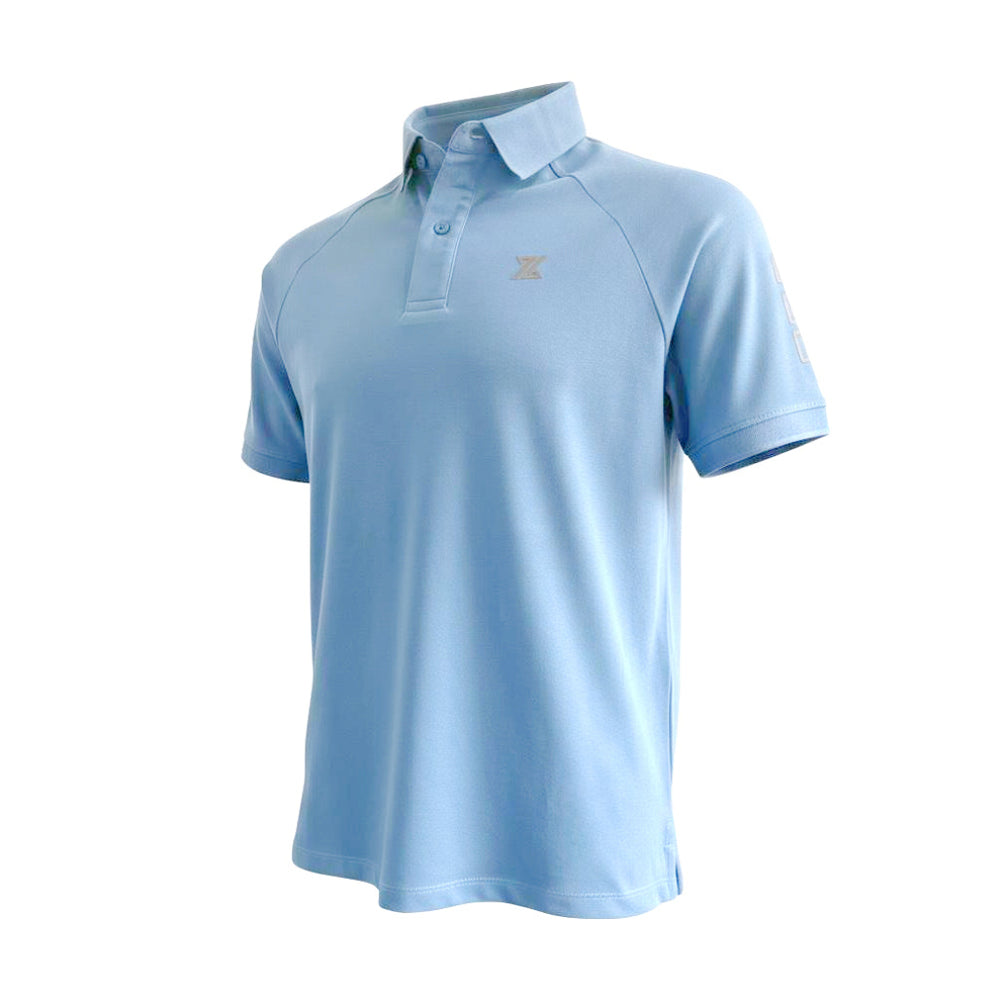 A light blue short-sleeve polo shirt with a small gold embroidered logo on the left chest, displayed on a clean white background.