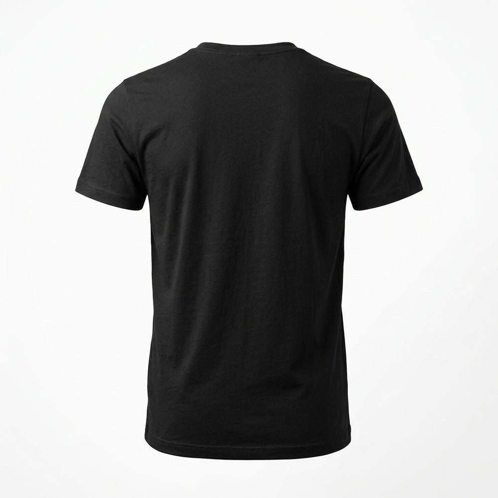 A black short-sleeve crewneck t-shirt shown from the back, displayed on an invisible mannequin against a plain white background.