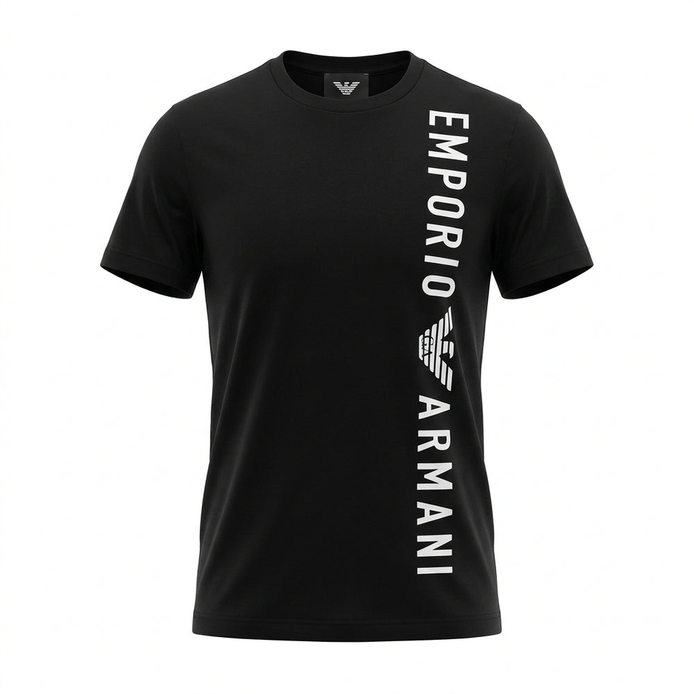 A black short-sleeve crewneck t-shirt featuring a large white vertical 'EMPORIO ARMANI' logo and eagle emblem printed on the right side of the chest, displayed on a clean white background.