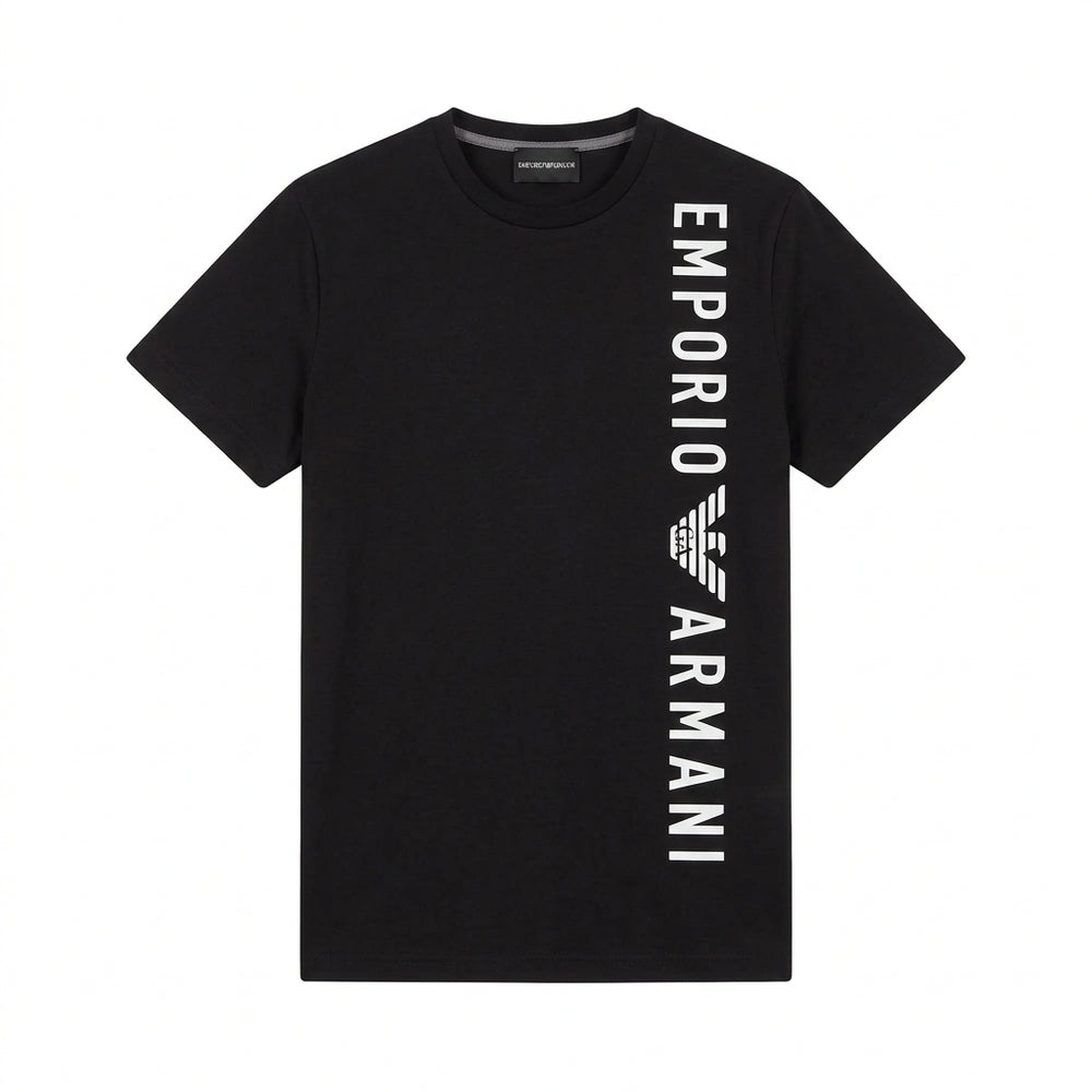 A black crew neck short sleeve T-shirt with the Emporio Armani brand logo printed vertically along the right side.