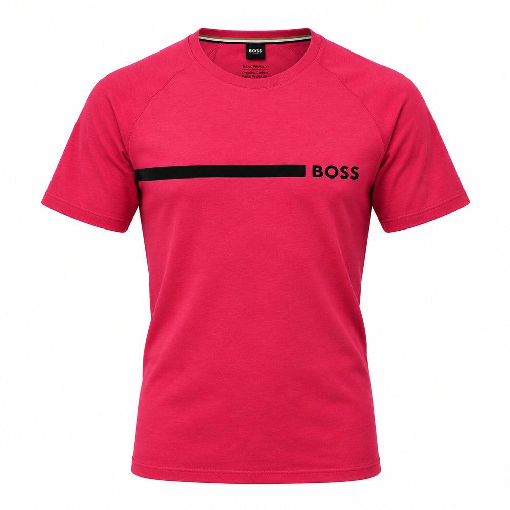 A bright pink short-sleeve crewneck t-shirt with a black horizontal stripe across the chest and the black 'BOSS' logo printed on the right side of the stripe.
