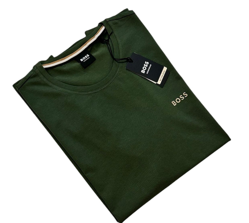 A green Boss men's homewear crew neck t-shirt with short sleeves, displayed on a white background.