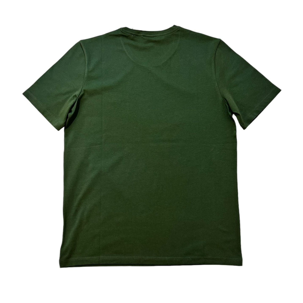A dark green short-sleeve crewneck t-shirt shown from the back, laid flat against a solid white background.