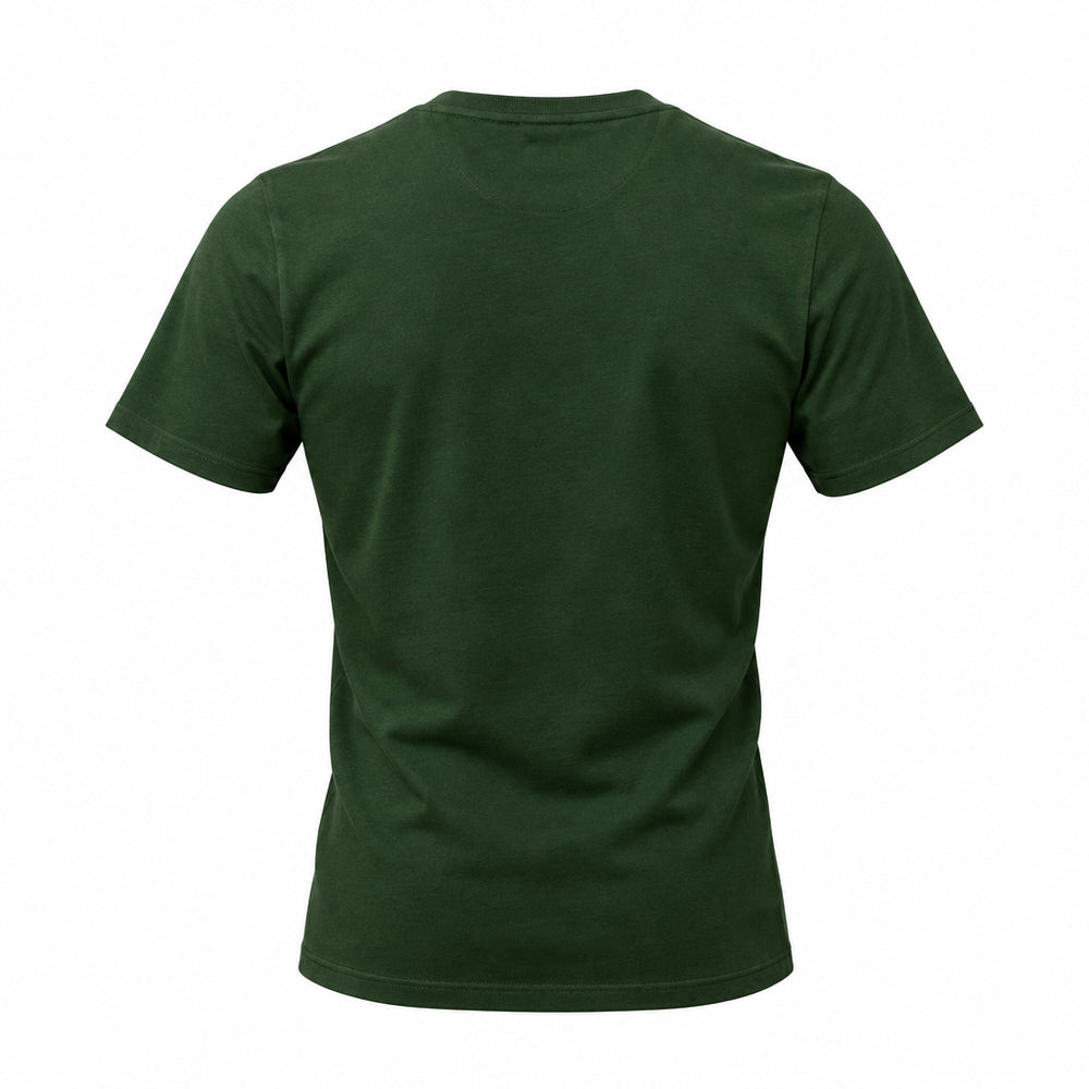 A dark green short-sleeve crewneck t-shirt shown from the back, laid flat against a solid white background.