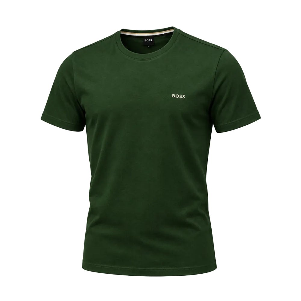 A dark green short-sleeve crewneck t-shirt by Hugo Boss, featuring a small gold BOSS logo on the left chest and a black hangtag attached to the collar, displayed on a clean white background.