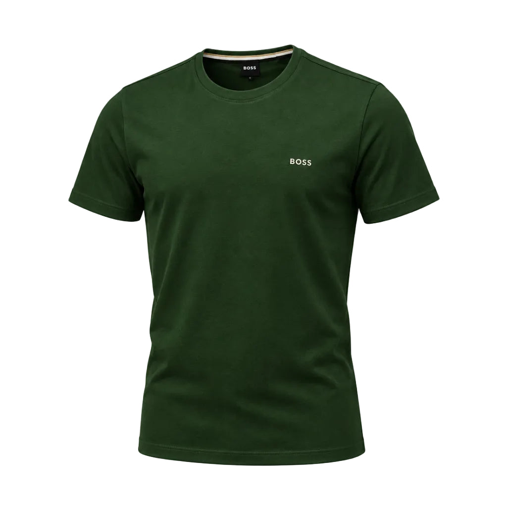 A dark green short-sleeve crewneck t-shirt by Hugo Boss, featuring a small gold BOSS logo on the left chest and a black hangtag attached to the collar, displayed on a clean white background.