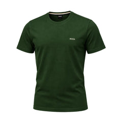 A dark green short-sleeve crewneck t-shirt by Hugo Boss, featuring a small gold BOSS logo on the left chest and a black hangtag attached to the collar, displayed on a clean white background.
