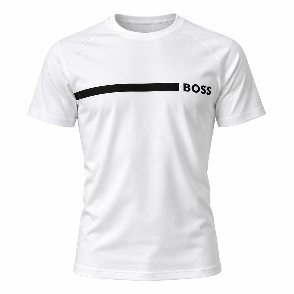 A white short-sleeve athletic t-shirt with a black horizontal stripe across the chest and the word 'BOSS' printed in black next to it, shown on a plain white background.
