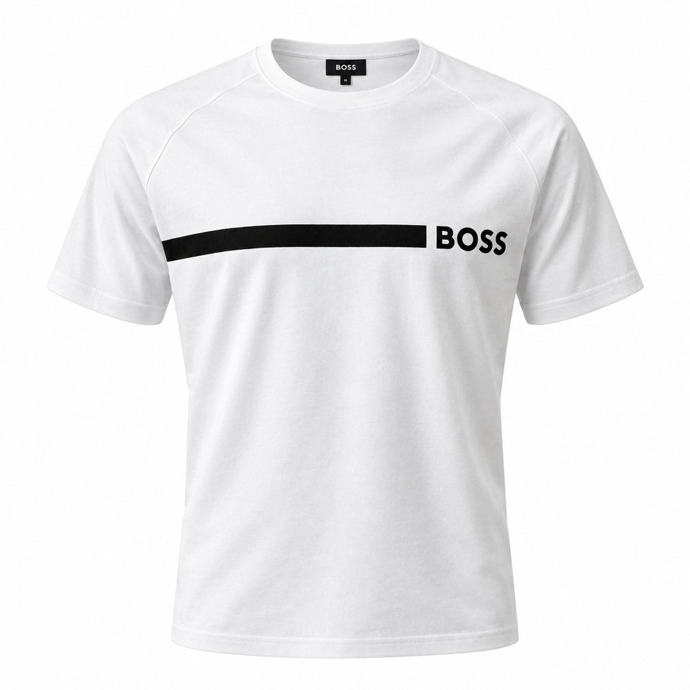 A white short-sleeve crewneck t-shirt with a black horizontal stripe across the chest and the word 'BOSS' printed in black on the right chest, shown on a plain white background.