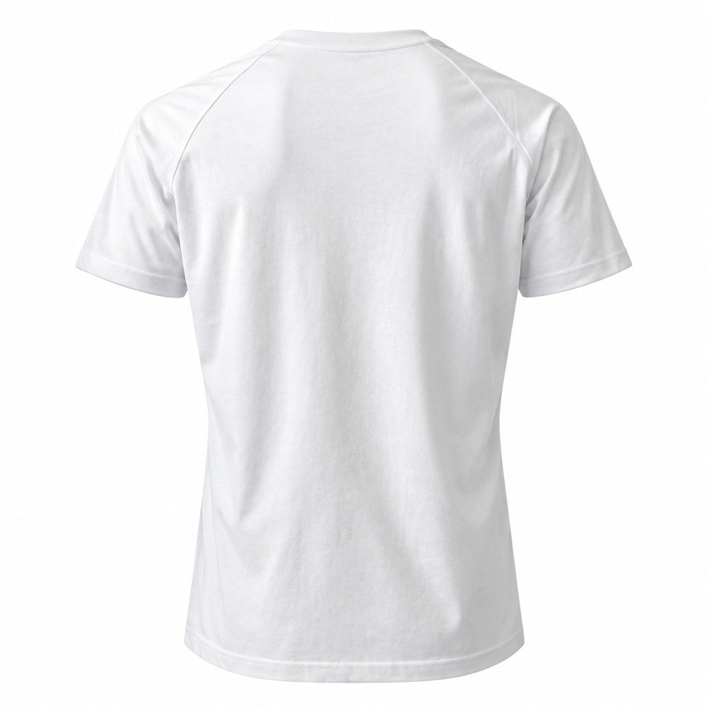 A white short-sleeve raglan t-shirt shown from the back, photographed against a seamless white background.