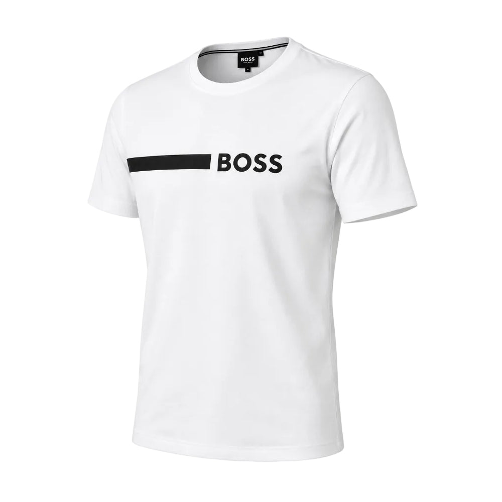 A white short-sleeve crewneck t-shirt with a black horizontal stripe and the word 'BOSS' printed in black across the chest, shown on a plain white background.