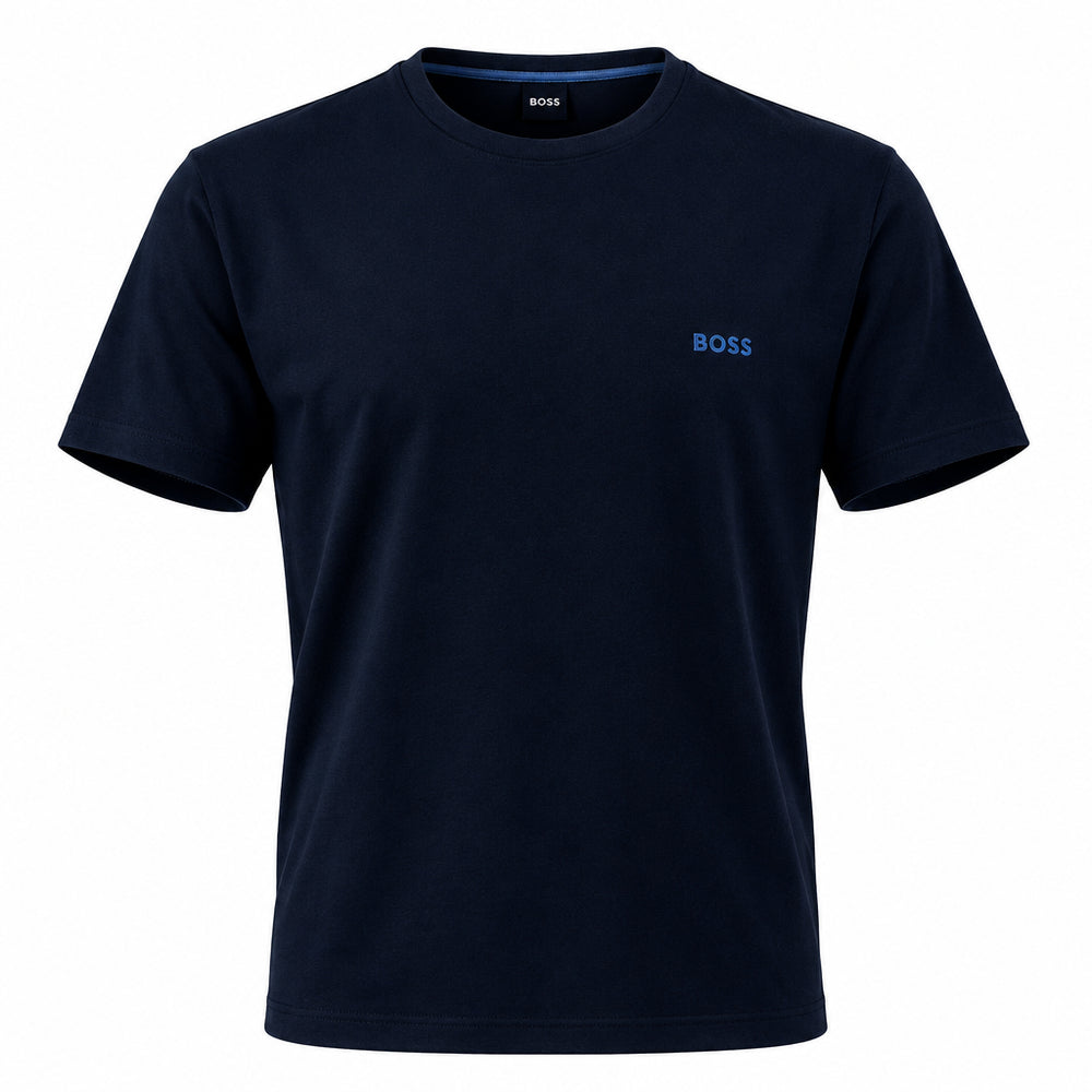 A dark navy blue short-sleeve crewneck t-shirt with a small light blue BOSS logo embroidered on the left chest, displayed on a clean white background.