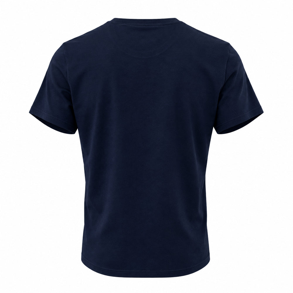 A dark navy blue short-sleeve crewneck t-shirt shown from the back, isolated on a solid white background.