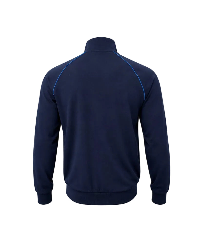 A navy blue long-sleeve quarter-zip track jacket shown from the back, featuring bright blue contrast stitching along the shoulders and collar, set against a plain white background.
