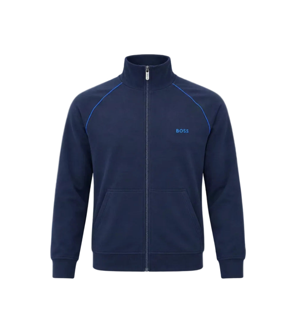 A navy blue zip-up track jacket with a stand collar, featuring light blue contrast stitching along the shoulders and a small light blue 'BOSS' logo on the left chest, displayed on a clean white background.