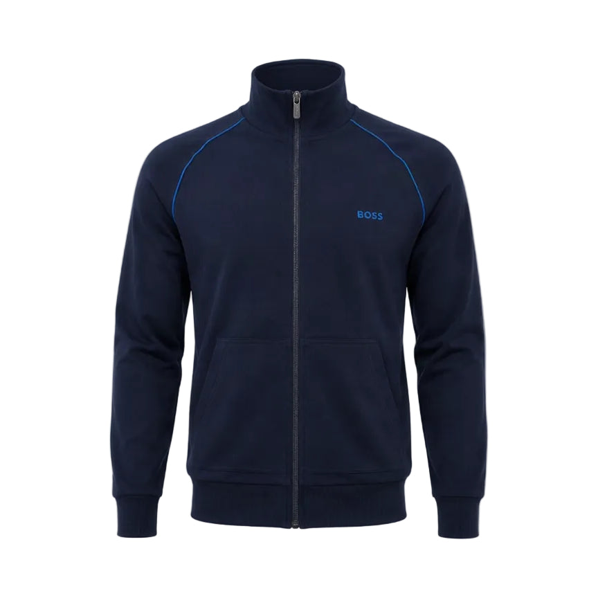 A navy blue zip-up track jacket with a stand collar, featuring thin blue piping along the shoulders and a small blue 'BOSS' logo on the left chest, displayed on a clean white background.