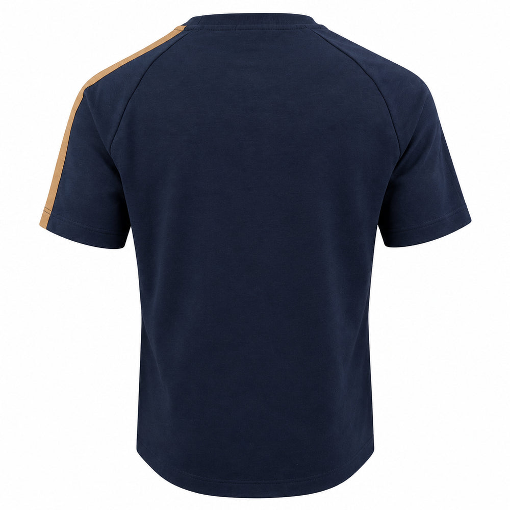 A navy blue short-sleeve athletic t-shirt shown from the back, featuring a contrasting tan stripe running along the left shoulder and sleeve.