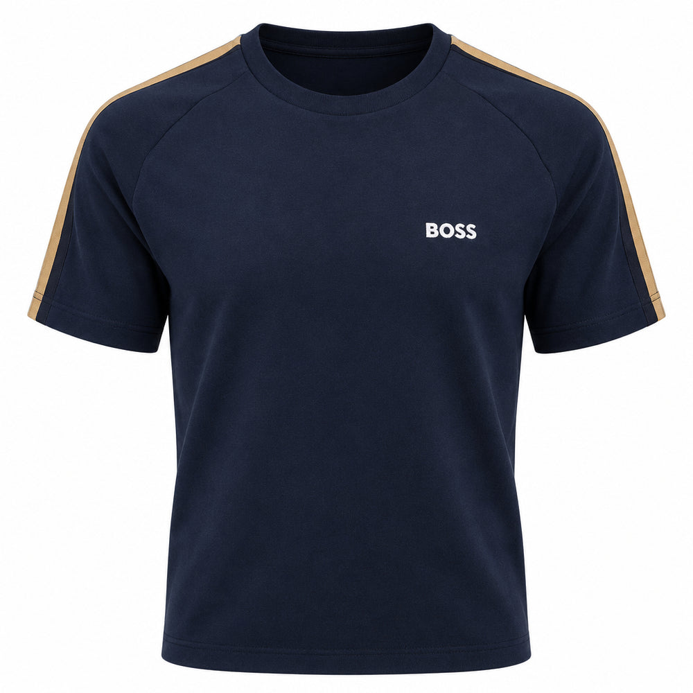 A navy blue short-sleeve athletic t-shirt with gold stripes along the shoulders and sleeves, featuring a white BOSS logo on the left chest, displayed on a clean white background.