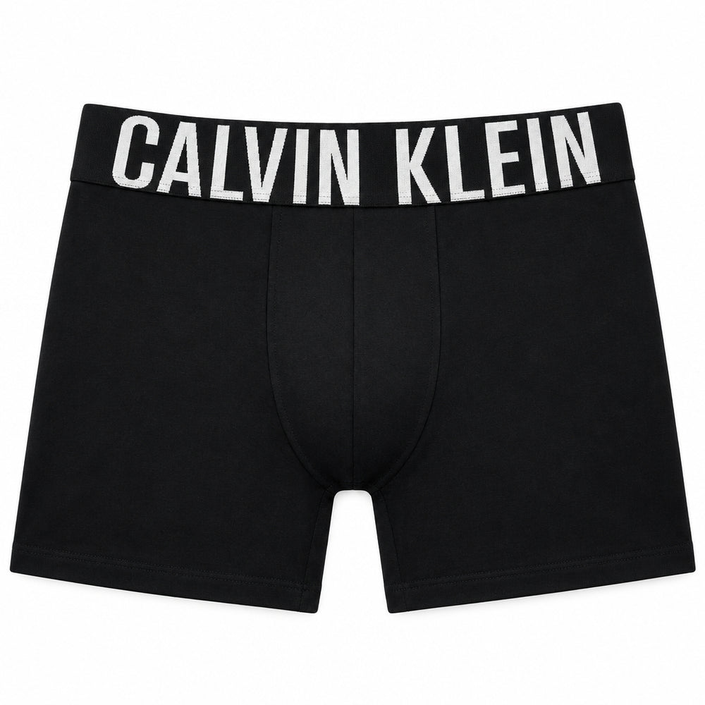 Black Calvin Klein men's boxer briefs displayed on a mannequin torso, featuring the brand name in white capital letters on the elastic waistband.