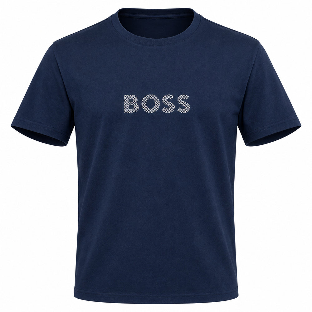 A navy blue short-sleeve crewneck t-shirt with the word 'BOSS' printed across the chest in a textured silver glitter font, shown against a plain white background.