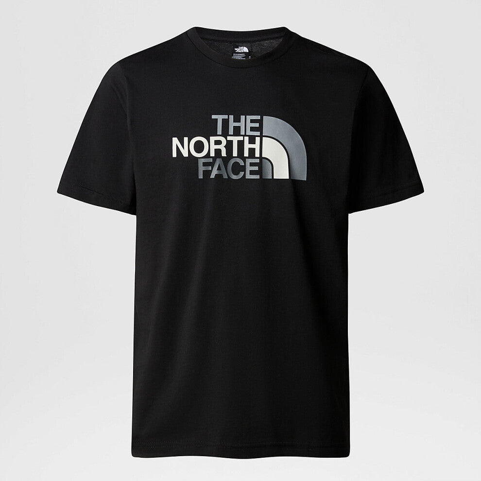 A black short-sleeved T-shirt with the logo 'THE NORTH FACE' printed in white on the front.