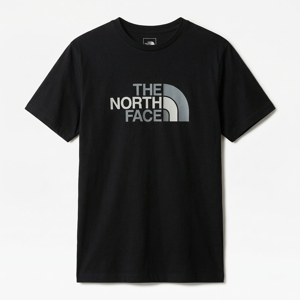 A black short-sleeve crewneck t-shirt by The North Face, featuring the brand's logo and text printed in white and gray on the chest, displayed against a clean white background.