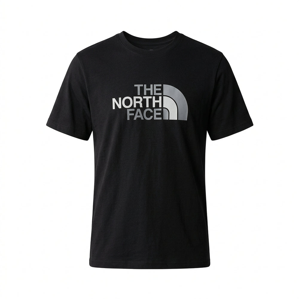 A black short-sleeve crewneck t-shirt featuring the gray and white 'THE NORTH FACE' logo printed on the chest, displayed against a solid white background.