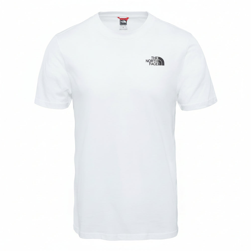 A white short-sleeve crewneck t-shirt by The North Face, featuring a small black logo on the left chest and a red and black neck label, displayed on a clean white background.