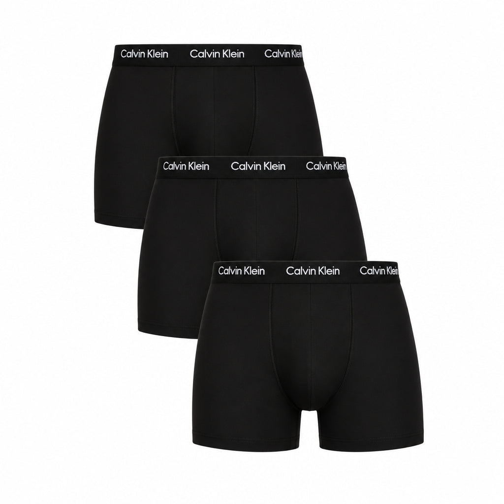 Three pairs of black Calvin Klein boxer briefs stacked vertically on a white background, each showing the brand name on the waistband.