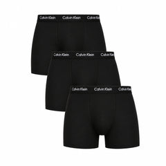 Three pairs of black Calvin Klein boxer briefs stacked vertically on a white background, each showing the brand name on the waistband.