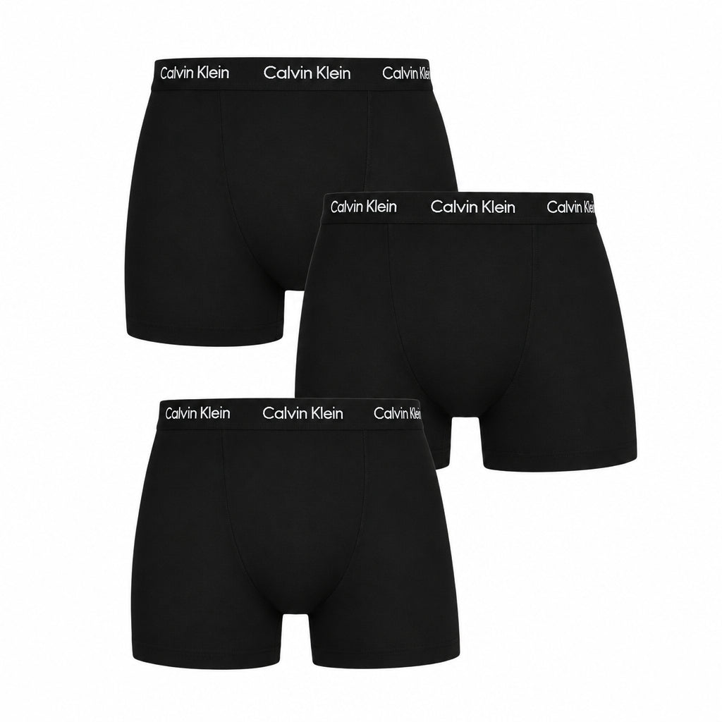 Three pairs of black Calvin Klein boxer briefs arranged in a stacked layout on a plain white background, with the brand name visible on the waistbands.